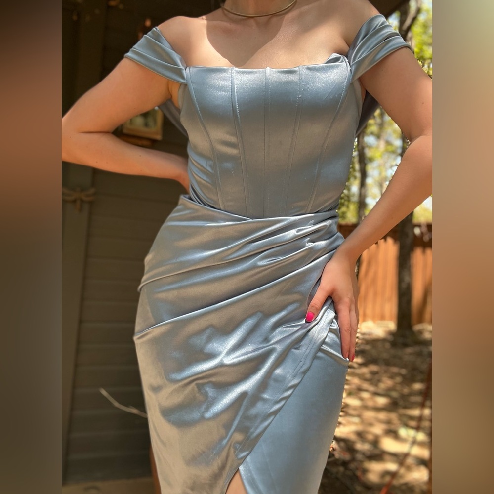 Satin blue built in corset wrap dress with off the shoulder straps